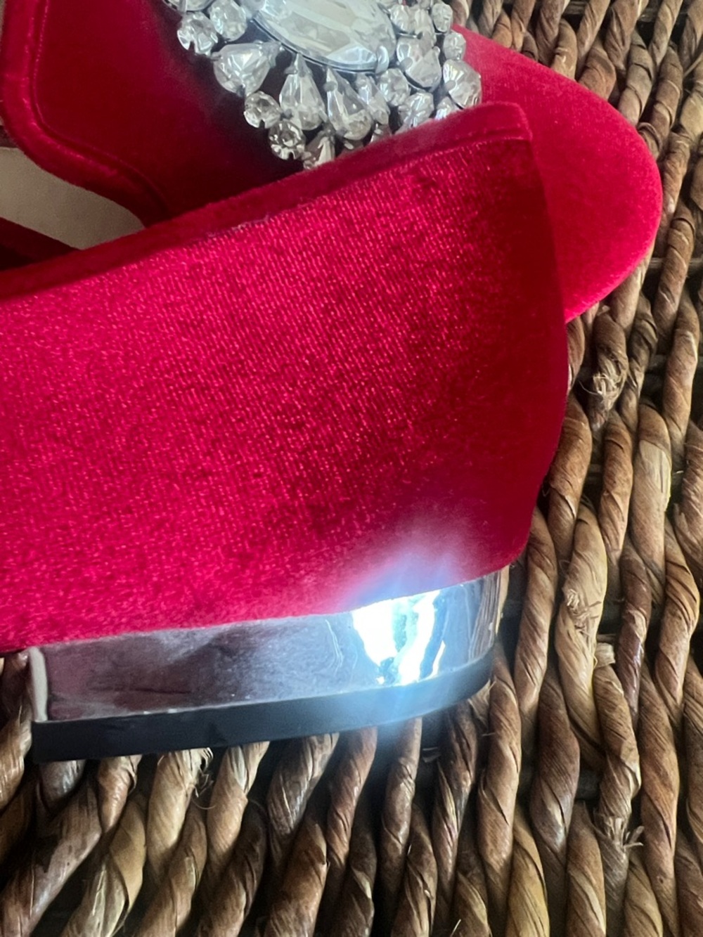 Red Velvet Jeweled Women's Loafers - Picture 7 of 9